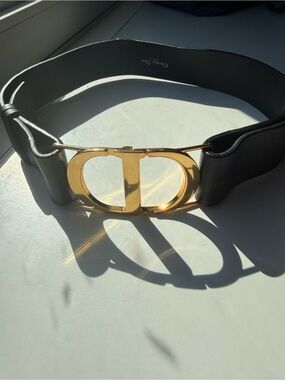 Christian Dior Black Leather Logo Belt with Gold CD Buckle- 70cm